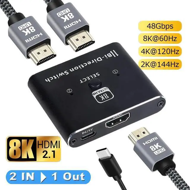 Main image of JAENFONG 4K 120HZ HDMI 2.1 Switch, 8K HDMI Splitter HDMI Switch 2 in 1 Out/ 1 in 2 Out Supports 8K 60HZ 48Gbps VRR HDCP 2.3 HDR10 D-olby Vision for PS4/PS5,SkYQ, Roku, Apple TV, Fire Stick, Xbox