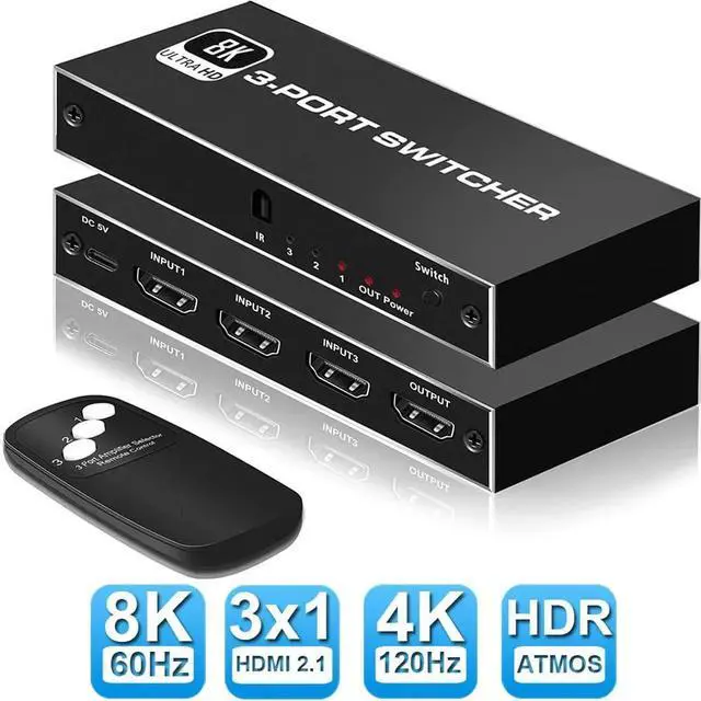 Main image of JAENFONG 8K HDMI 2.1 Switch 4K 120Hz 3 in 1 Out, 8K@60Hz HDMI 2.1 Splitter Switcher Selector Box 4-Port with Remote 4K 120Hz 2K 144Hz, HDMI 3x1 HDR, 48Gbps, CEC, Dolby Vision, for Xbox Series X PS5