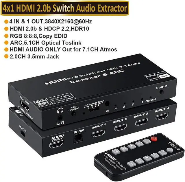 Main image of JAENFONG 4 Port 4K HDMI Switch with Optical & 3.5mm AUX Audio Audio Extractor Out, 4x1 HDMI Switcher Audio Extractor Splitter Support 4K@60Hz, 1080P@120Hz, ARC, HDCP 2.2, HDR10, Dolby 7.1 Atoms