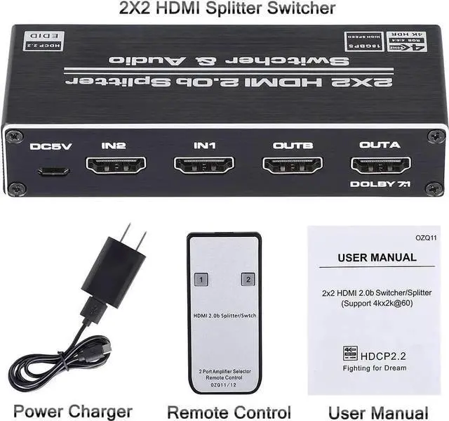 Alt view image 2 of 6 - JAENFONG 2X2 HDMI 2.0 Switch Splitter Audio Extractor 4K HDMI SPDIF Converter 5.1 HD-MI to HDMI to Splitter Optic TOSLINK Switch Adapter Support HDCP 2.2, HDMI2.0b, 4K@60HZ, RGB4:2:2, 4K HDR