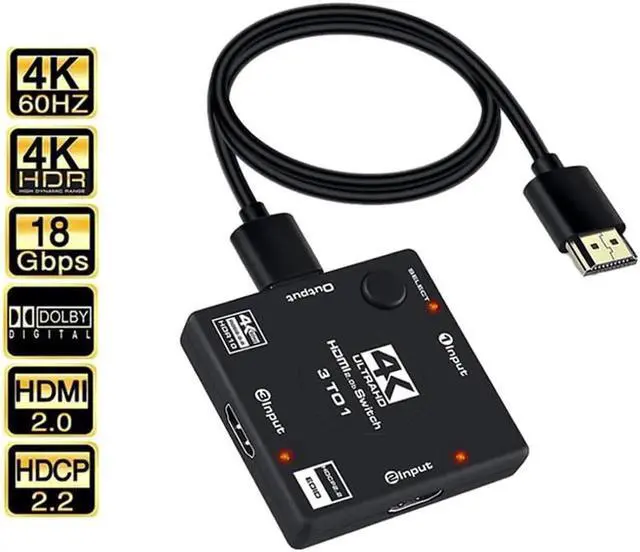 Main image of JAENFONG 4K HDMI Switch 3 in 1 Out HDMI Splitter, HDMI Switch with 3.9FT HDMI Cable Supports HDR CEC 3D HDCP2.2 HDMI 3 Port Box Hub 4K 60Hz, Compatible with PS5 PS4 Xbox Fire Stick Roku Apple TV PC