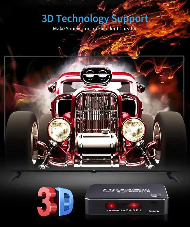 Alt view image 4 of 7 - HDMI Switch 4K@60Hz, 5 Port HDMI 2.0 Switcher Selector 5 in 1 Out HDMI Switch with IR Remote Control, Supports 4K HDR10 HDCP 2.2 3D Dolby for Nintendo Switch,Xbox PS5/PS4,Fire Stick and More