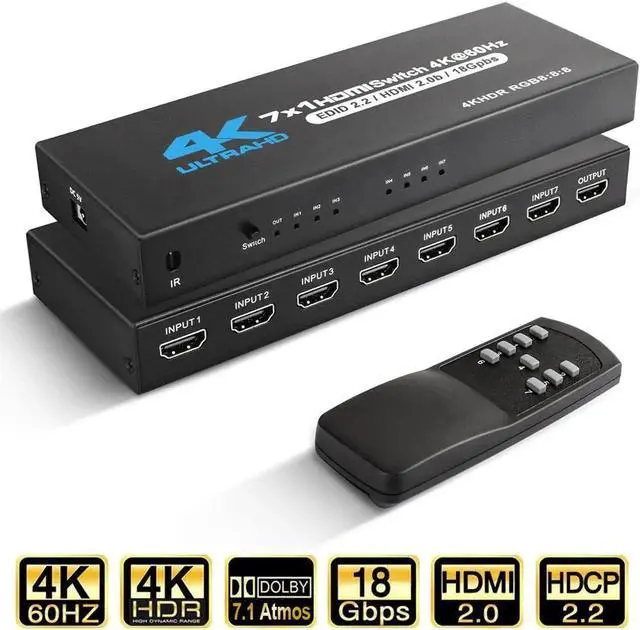 Main image of JAENFONG [2023 Upgraded]HDMI Switch 4K@60Hz,7 in 1 Out HDMI Hub Switch with Remote,Aluminum Hdmi 2.0 Switch 4 Port,Support 3D HDR,Compatible with Xbox PS5/4 Blu-Ray Player Fire Stick TV