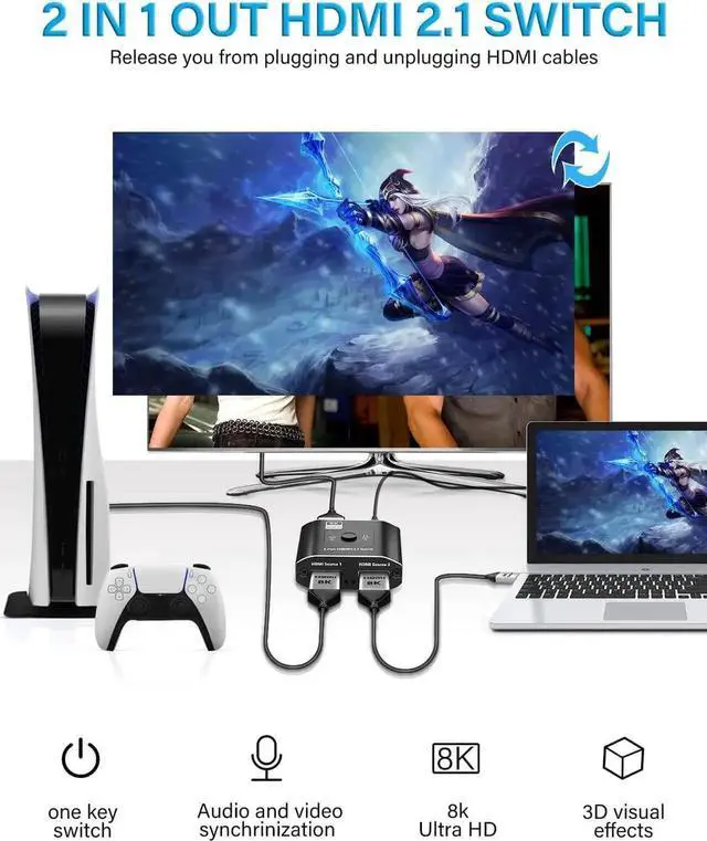 Alt view image 4 of 7 - JAENFONG HDMI Switch 8k Ultra HD 2 in 1 Out, 48Gbps High-Speed HDMI 2.1 Switcher, Support 8K@60Hz, 4K@120Hz, 1080P@240Hz, Compatible with Xbox X, PS5, TV, Monitors OZ8Q2