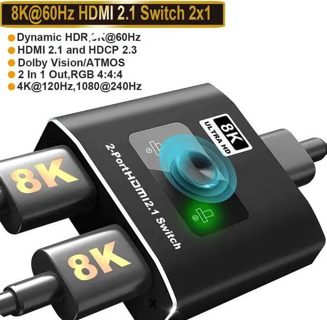 Main image of JAENFONG HDMI 2.1 Switch 8K 2 in 1 Out HDMI Switcher 2 Port Support 8K 60Hz 4K 120Hz HDCP 2.3 Ultra HD 3D for Xbox PS4 PS5 Roku UHD TV Monitor Projector (OZ8Q2)