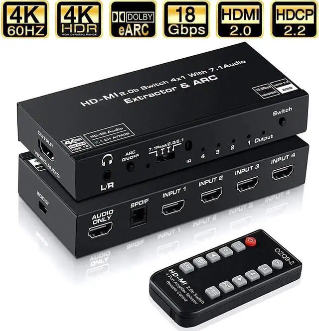 Main image of JAENFONG 4K 60Hz HDMI 2.0 Switch 4 in 1 Out with Audio Extractor (HDMI, 3.5mm AUX,Toslink Audio Out) and ARC, Support Remote/Auto Switching/HDCP2.2/1080P/3D, HDMI Splitter for TV 4K Home Theater