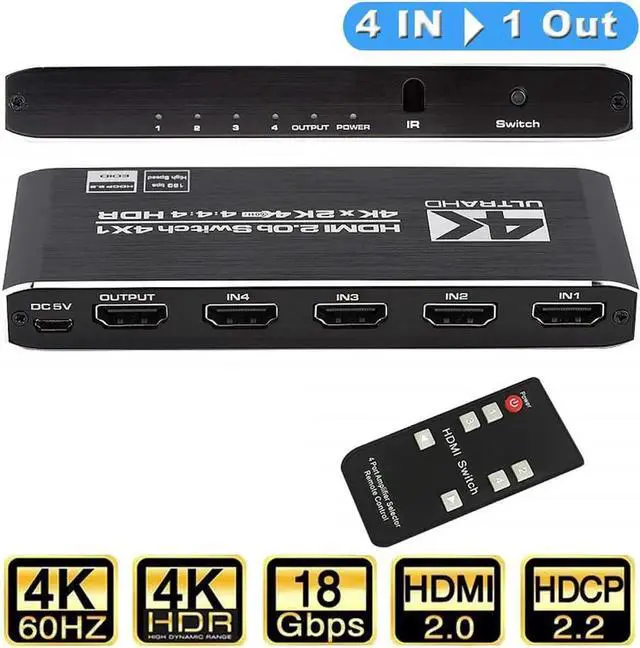 Main image of JAENFONG 4k HDR HDMI Switch with IR Remote Control, 4 Ports HDMI 2.0 Switcher Selector , Support HDCP 2.2 YUV444/RGB888 HDR10, HDMI Splitter for PS4 Xbox Apple TV Fire Stick