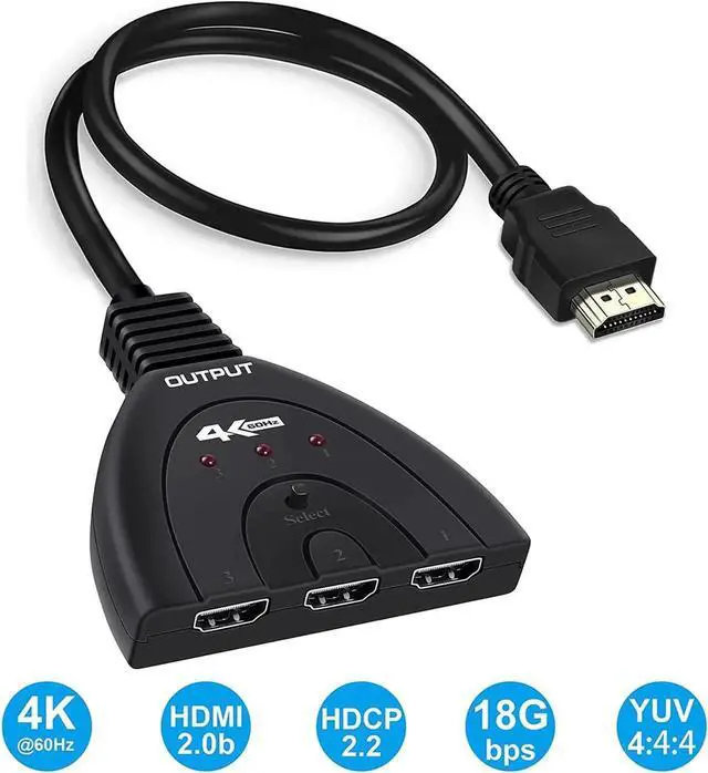 Main image of JAENFONG HDMI Switch 3 in 1 Out 4K@60Hz UHD HDMI Switcher with Pigtail Cable, HDMI Switch Box Hub Support 4K 60Hz 3D 108