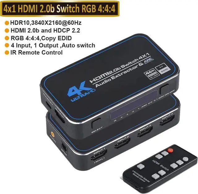 Main image of JAENFONG HDMI Switch Audio Extractor 4K 60Hz with Optical 3.5mm Stereo Audio Out, HDMI Splitter 4 in 1 Out, HDMI2.0 Switch Support 4K@60Hz 18Gbps for Xbox Series PS5/4/3 HD TV Monitor Projector - OZQ4