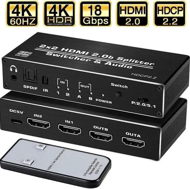 Main image of JAENFONG 4K@60Hz HDMI Switcher Splitter Audio Extractor with Optical SPDIF + 3.5mm AUX Output, 2 in 2 Out HDMI Switcher Converter Support HDCP 2.2, HDMI2.0b, 4K@60HZ, RGB2:2:2, 4K HDR