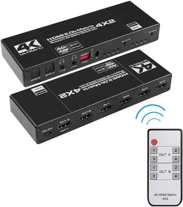 Main image of JAENFONG 4x2 HDMI Matrix Switch Up to 4K 60Hz RGB 8:8:8, HDR10, EDID,HDMI 2.0, HDCP 2.2/1.4, Auto Downscaling, IR Remote, 2xSPDIF Audio, 2x3.5mm L/R Audio, 4 in 2 Out Video (OZJ1-1)