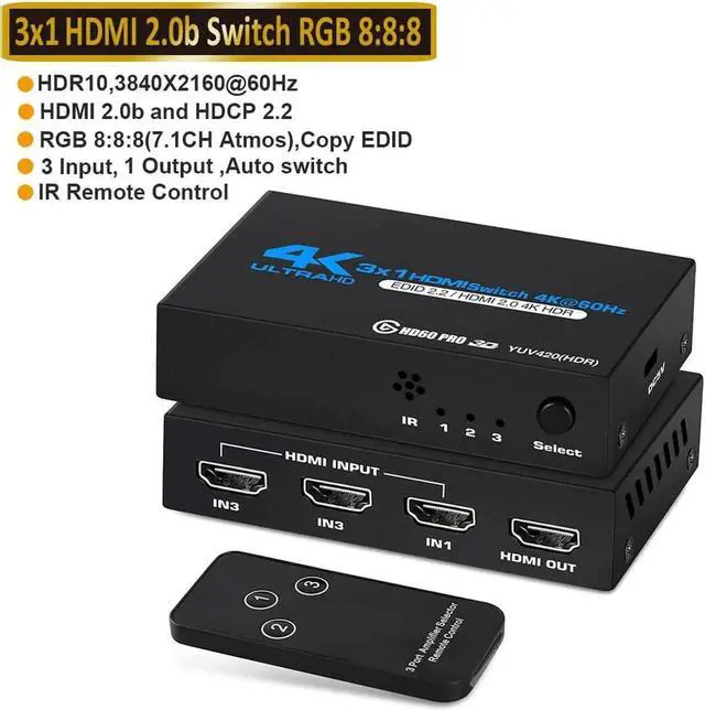 Main image of JAENFONG DMI 2.0 Switch 3 Port, HDMI Switch Splitter 3 in 1 Out, Metal HDMI Switcher 4K with IR Remote, Support HDCP 2.2 Support 4K@60Hz Ultra HD 3D 2160P 1080P, Compatible for PS3/PS4,Xbox, OZQ2-1