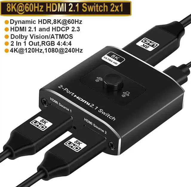 Main image of JAENFONG HDMI 2.1 Switch 8K, HDMI Switcher 2 in 1 Out, 2 Port 4K 120Hz HDMI Selector Hub Support 8K@60Hz 48Gbps for Xbox Series X PS4 Pro PS5 Roku UHD TV Monitor Projector(OZ8Q2)