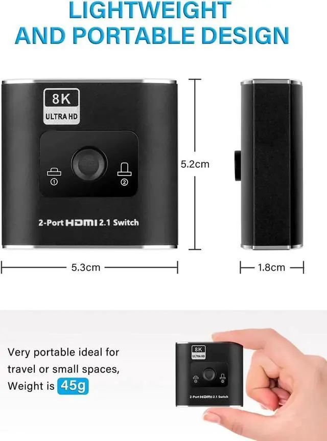 Alt view image 7 of 7 - JAENFONG HDMI 2.1 Switch 8K, HDMI Switcher 2 in 1 Out, 2 Port 4K 120Hz HDMI Selector Hub Support 8K@60Hz 48Gbps for Xbox Series X PS4 Pro PS5 Roku UHD TV Monitor Projector(OZ8Q2)