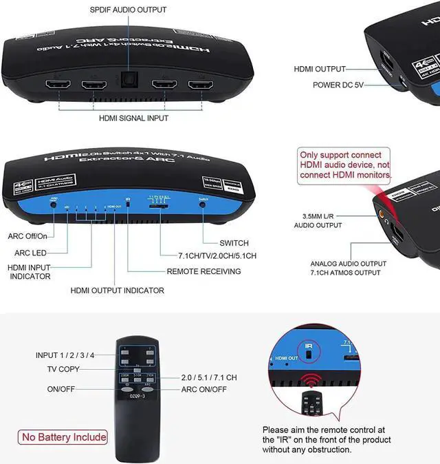 Alt view image 6 of 7 - JAENFONG 4K 60Hz HDMI 2.0 Switch 4 in 1 Out with Audio Extractor (HDMI, 3.5mm AUX,Toslink, 7.1CH atmos Audio Out) and ARC, Support Remote/HDCP2.2/1080P/3D for TV 4K Home Theater - OZQ9-1