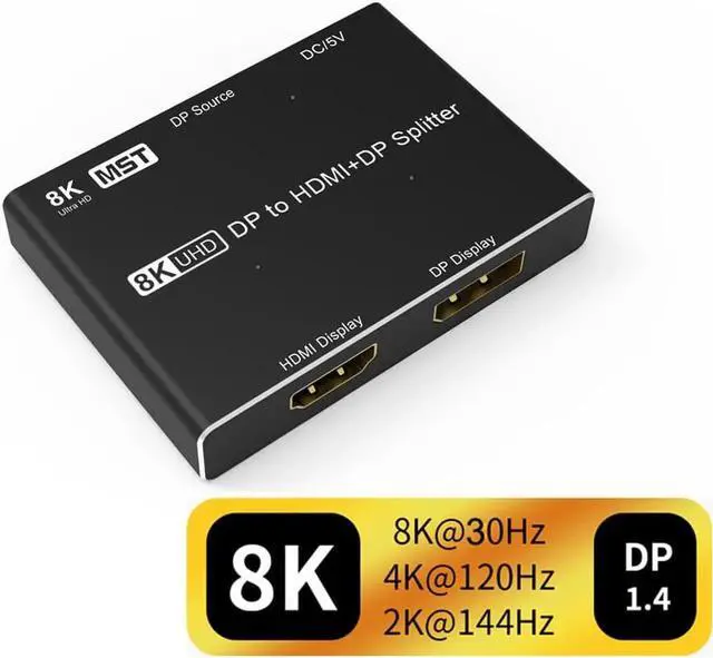 Main image of JAENFONG DisplayPort 1.4 MST Hub Splitter with HDMI & Displayport Out, 2-Port DP Multi-Stream Transport 4K@120Hz Over The HDMI Out(Single Display Only), DP MST-Enabled Video Card(Windows PC Only)