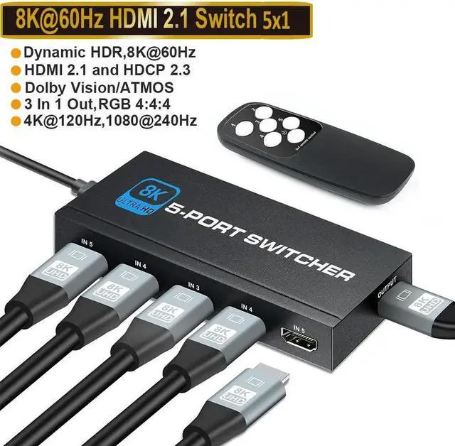 Main image of JAHDMI Switch 8K@60Hz, 5 Port HDMI 2.1 Switcher Selector 5 in 1 Out HDMI Switch with IR Remote Control, Supports 8K HDR10 HDCP 2.3 3D Dolby for Nintendo Switch,Xbox PS5/PS4,Fire Stick and More - OZ8Q5