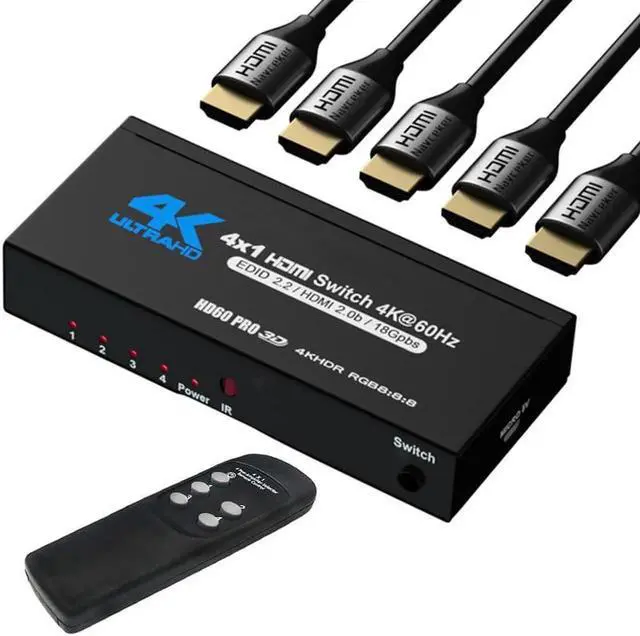 Main image of JAENFONG 4k HDR HDMI Switch with IR Remote Control, 4 Ports HDMI 2.0 Switcher Selector , Supports HDCP 2.2 4K@60Hz UltraHD HDR10 3D HD1080P Dolby DST, HDMI Splitter for PS4 Xbox Apple TV Fire Stick