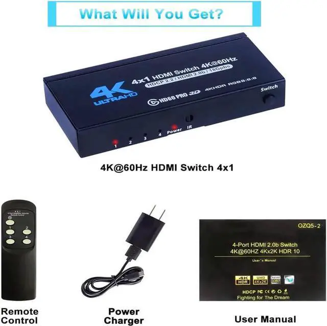Alt view image 7 of 7 - JAENFONG 4k HDR HDMI Switch with IR Remote Control, 4 Ports HDMI 2.0 Switcher Selector , Supports HDCP 2.2 4K@60Hz UltraHD HDR10 3D HD1080P Dolby DST, HDMI Splitter for PS4 Xbox Apple TV Fire Stick