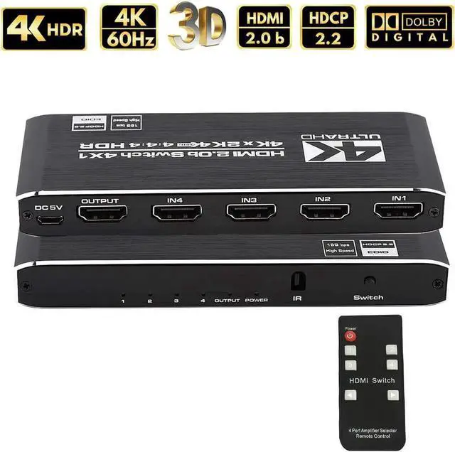 Main image of JAENFONG HDMI Switch 4k@60HZ, 4 in 1 Out HDMI Switcher Selector with IR Remote Control, HDMI 4 Port Box Hub Support HDCP 2.2 YUV444/RGB888 HDR10 for PS4/Xbox One/Fire TV/Apple TV/Sky Box/STB/DVD/Roku