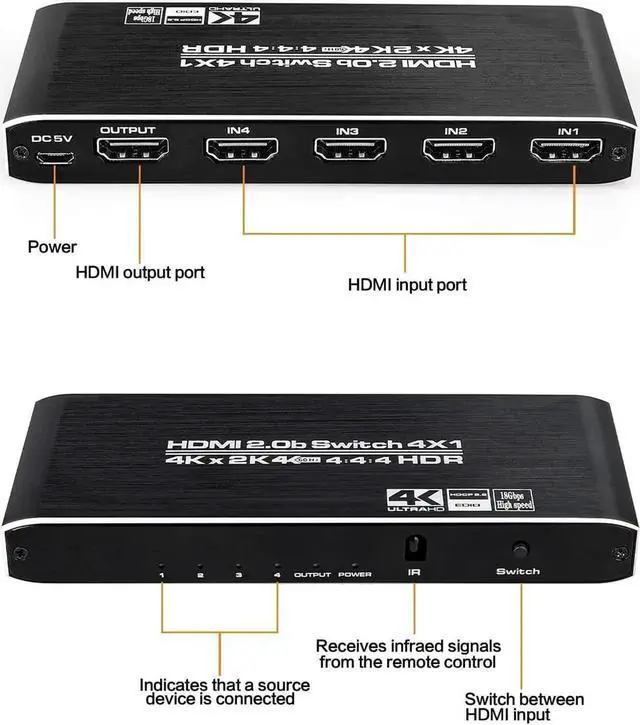 Alt view image 4 of 6 - JAENFONG HDMI Switch 4k@60HZ, 4 in 1 Out HDMI Switcher Selector with IR Remote Control, HDMI 4 Port Box Hub Support HDCP 2.2 YUV444/RGB888 HDR10 for PS4/Xbox One/Fire TV/Apple TV/Sky Box/STB/DVD/Roku