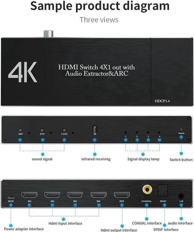 Alt view image 5 of 6 - 4K @ 60Hz 4 in 1 Out HDMI Switcher with Audio Extractor and IR Remote for PS4/PC/DVD/Security Camera, Optical + 3.5mm AUX + Coaxial Output, Support ARC , 3D, 1080P @120Hz, 4Kx2k @60Hz HDTV, OZQ7