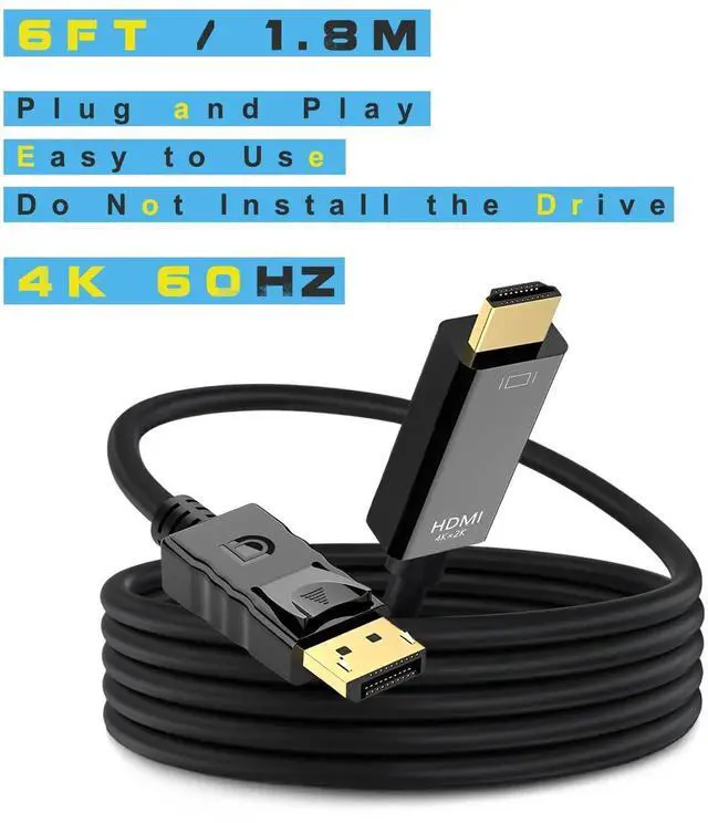 Alt view image 2 of 6 - 4K 60Hz Displayport to HDMI Cable 6ft, NOT HDMI to Displayport Adapter, Display Port to HDMI Cable 6feet for Dell Lenovo HP Laptop Desktop PC Monitor TV GPU NVIDIA AMD, DP to HDMI Adapter Cord Black