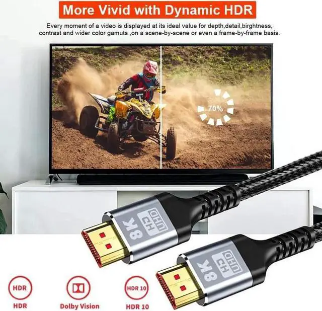 Alt view image 5 of 7 - JAENFONG8K HDMI 2.1 Cable 10Feet 8K60hz 4K 120hz 144hz HDCP 2.3 2.2 eARC ARC 48Gbps Ultra High Speed Compatible with Dolby Vision Atmos PS5 PS4, Xbox One Series X, Samsung, RTX 3080 3090