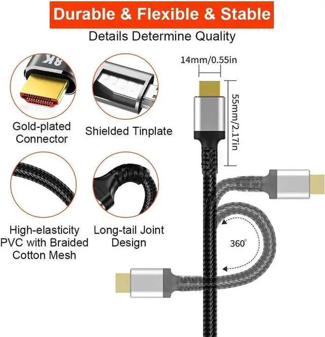 Alt view image 4 of 7 - JAENFONG 8K HDMI 2.1 Cable 3.3Feet 8K60hz 4K 120hz 144hz HDCP 2.3 2.2 eARC ARC 48Gbps Ultra High Speed Compatible with Dolby Vision Atmos PS5 PS4, Xbox One Series X, Samsung, RTX 3080 3090