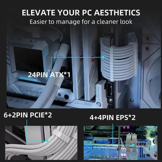 Alt view image 7 of 7 - PSU Cables, 18AWG PSU Cable Extension Kit, 24pin ATX /4+4pin EPS /6+2pin 30CM Length with Cable Combs PCI-E/PC Sleeved Cable for ATX Power Supply (White)