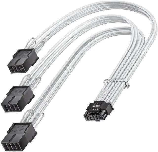 Main image of JAENFONG 16pin GPU Cable to 3X 8 pin PCIe Extension -30cm PCI-e 5.0 (12+4) 12VHPWR Adapter Cable for GPU RTX 5080 5070 5070Ti 3090Ti 4070Ti 4080, 12V-2x6 Male to Female Sleeved Extender Cord (White)