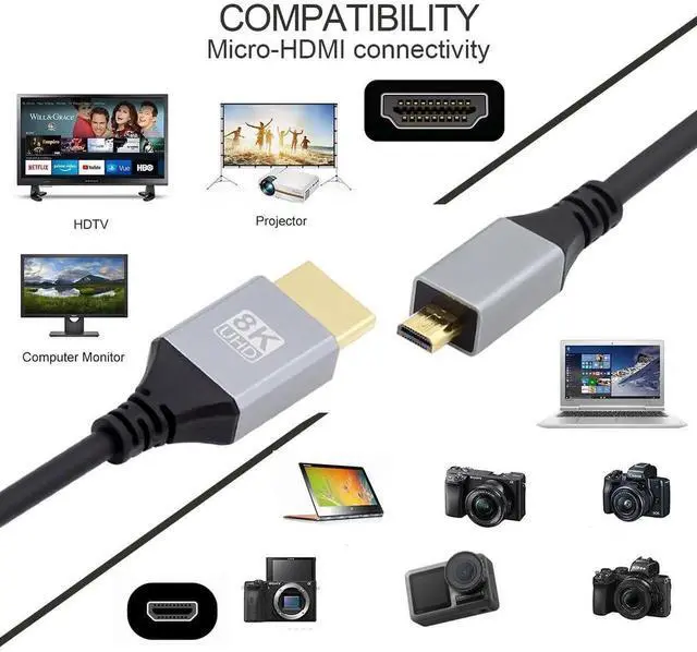 Alt view image 2 of 6 - JAENFONG  Cable Micro HDMI 2.1 Ultra Thin HDTV Cable 8K 4K Hyper Super Flexible Slim Cord Type-A to Type-D for Camera HDTV 100cm