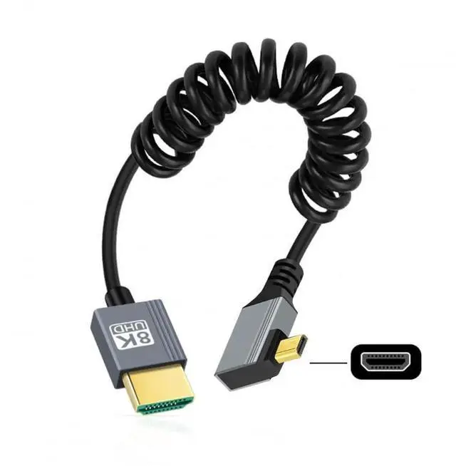 Main image of JAENFONG  Cable Micro HDMI 2.1 Male to HDMI Male 8K 60hz Stretch Coiled Cable Right Angled 90 Degree for HDTV Camera Laptop Monitor