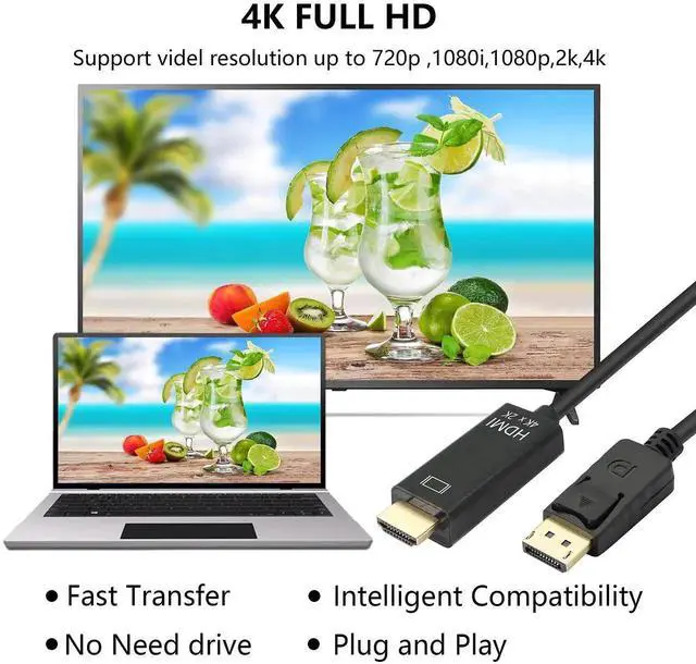 Alt view image 7 of 7 - JAENFONG  DisplayPort to HDMI Cable,6 Feet Gold-Plated DP to HDMI Adapter Male to Male,4K Resolution Ready for Projector,Desktop,Laptop and More