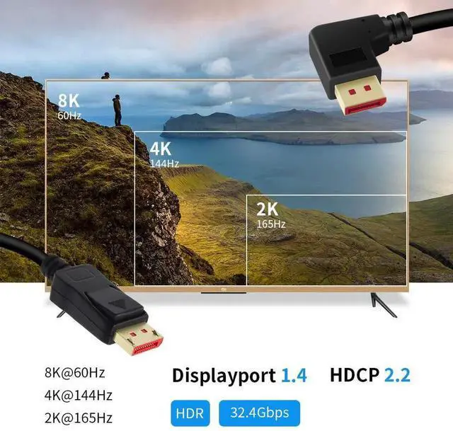 Alt view image 5 of 7 - JAENFONG  8K@60Hz 90 Degree Displayport 1.4 Cable, Male to Male Right Angle DP 1.4 Cable Support 8K/60Hz, 4K/144Hz 6FT/1.8M