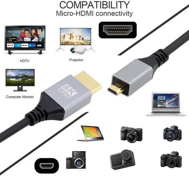 Alt view image 2 of 7 - JAENFONG  Cable Micro HDMI 2.1 Ultra Thin HDTV Cable 8K 4K Hyper Super Flexible Slim Cord Type-A to Type-D for Camera HDTV 50cm