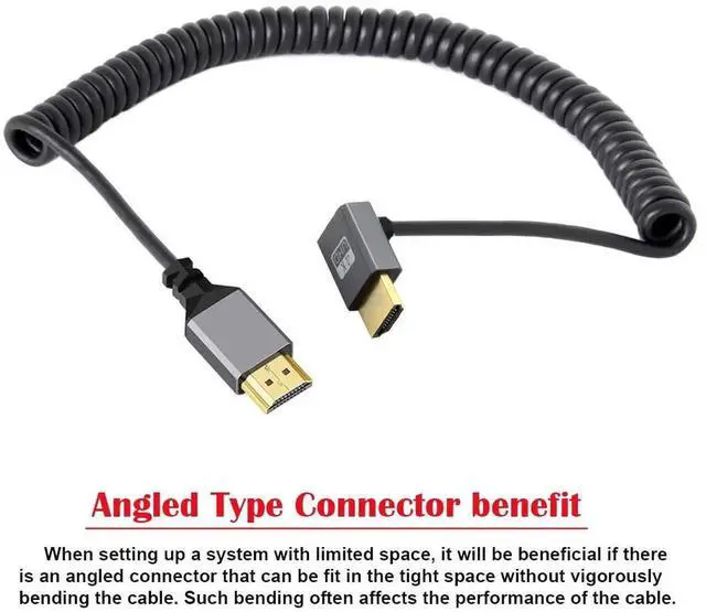 Alt view image 4 of 7 - JAENFONG  HDMI 2.0 Male to HDMI Male 4K 60hz Stretch Coiled Cable Down Angled 90 Degree for HDTV Computer Laptop Monitor