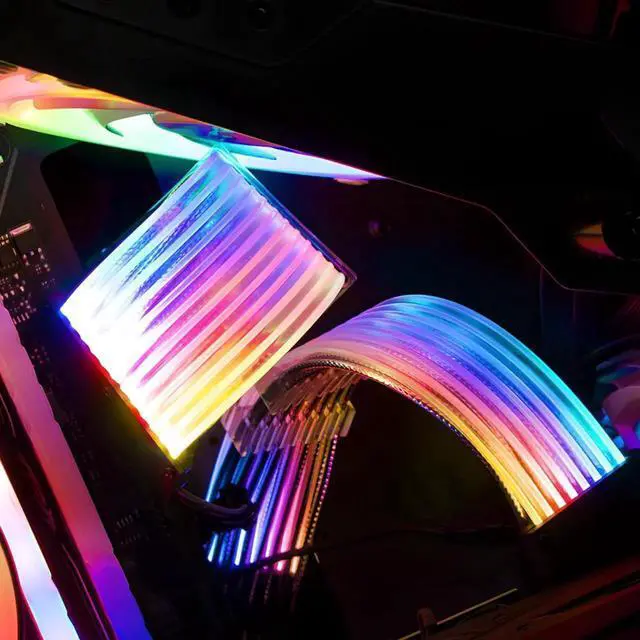 Alt view image 4 of 7 - JAENFONG 24 Pin RGB PSU Cable, Ribbon Fiber Optic Design with 24 LED Beads, Durable and RGB Power Extension Cable for 5V 3-pin ARGB Header, White Aluminum Foil Braided Wire, 0.8 Feet