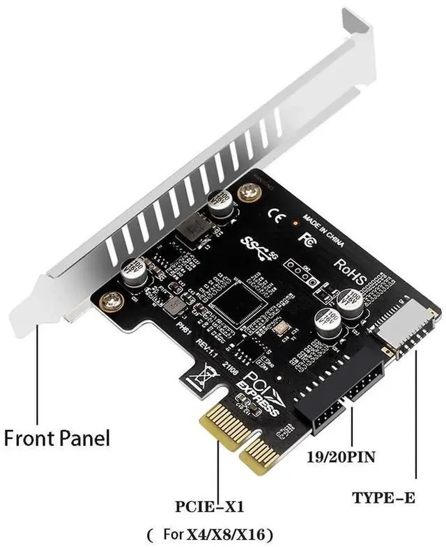 Alt view image 3 of 6 - PCIE to USB 3.0 Expansion Card 5Gpbs Type E Converter Front Panel PCI Express 1x 4X 8X 16X to 19P 20PIN Type C Mount Adapter