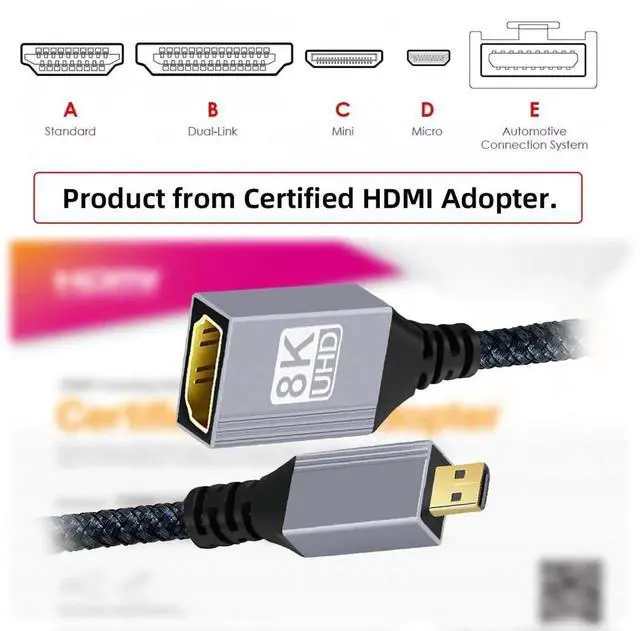 Alt view image 7 of 7 - JAENFONG Cord 8K Type-D Micro HDMI 2.1 Male to HDMI Female Extension HDTV Cable for DV Camera Laptop Portable Monitor 17CM