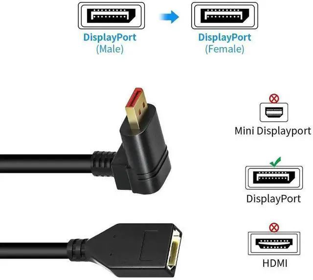 Alt view image 7 of 7 - JAENFONG  8K/60Hz 90 Degree Angle Displayport 1.4 Extension Cable Displayport Male to Female Displayport 1.4 Cord Support 8K@60Hz,4K@144hz 0.3M/1FT