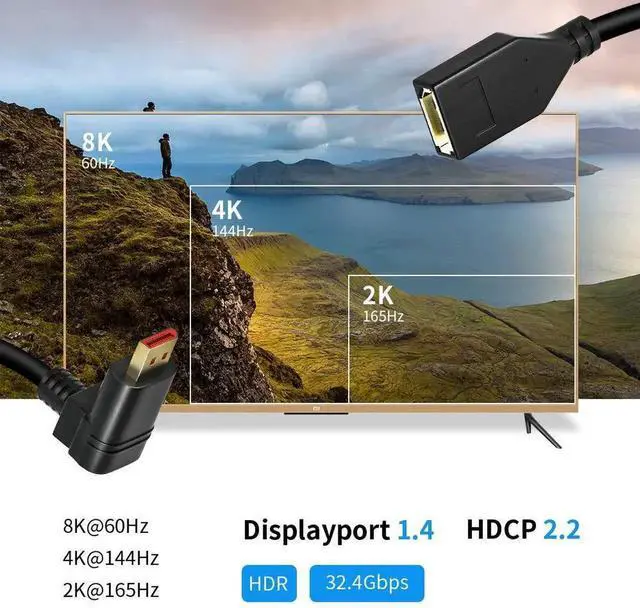 Alt view image 3 of 7 - JAENFONG  8K/60Hz 90 Degree Angle Displayport 1.4 Extension Cable Displayport Male to Female Displayport 1.4 Cord Support 8K@60Hz,4K@144hz 0.3M/1FT