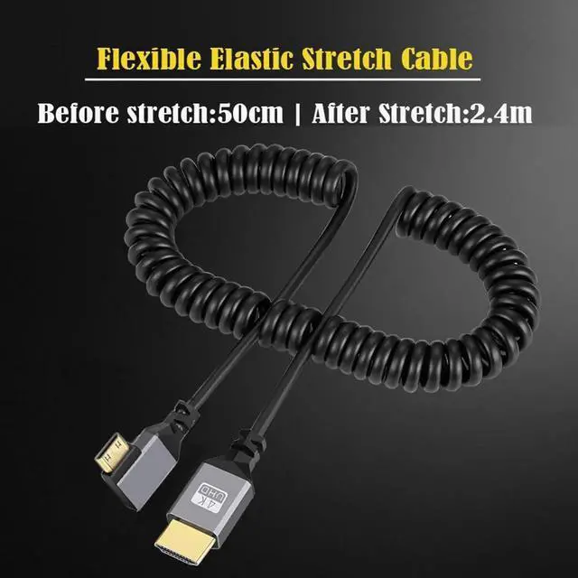 Alt view image 2 of 7 - JAENFONG  Mini HDMI 2.0 Male to HDMI Male 4K 60hz Stretch Coiled Cable Left Angled 90 Degree for HDTV Computer Laptop Monitor