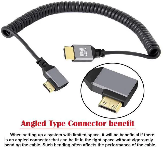 Alt view image 7 of 7 - JAENFONG  Mini HDMI 2.0 Male to HDMI Male 4K 60hz Stretch Coiled Cable Left Angled 90 Degree for HDTV Computer Laptop Monitor