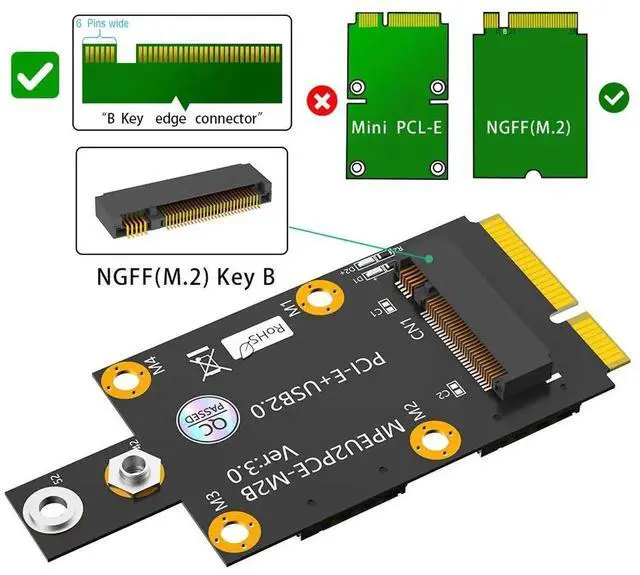 Alt view image 6 of 6 - M.2 Key B to Mini PCI-E Convert Card 3G 4G 5G Dual Nano SIM Card Push Connector WWAN Module M.2 Key B to USB2.0 Extend Adapter