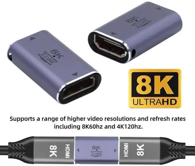 Alt view image 7 of 7 - JAENFONG 8K Cable HDMI Female to HDMI 2.1 Female UHD Extension Gold Converter Adapter Support 8K 60hz HDTV