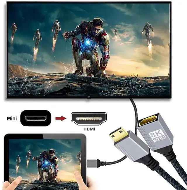 Alt view image 6 of 7 - JAENFONG  Cord 8K Type-C Mini HDMI 2.1 Male to HDMI Female Extension HDTV Cable for DV Camera Laptop Portable Monitor 17CM