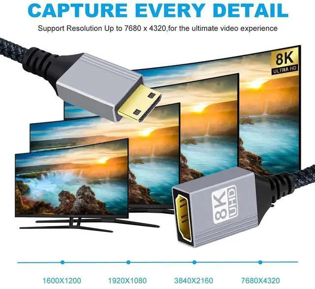 Alt view image 2 of 7 - JAENFONG  Cord 8K Type-C Mini HDMI 2.1 Male to HDMI Female Extension HDTV Cable for DV Camera Laptop Portable Monitor 17CM