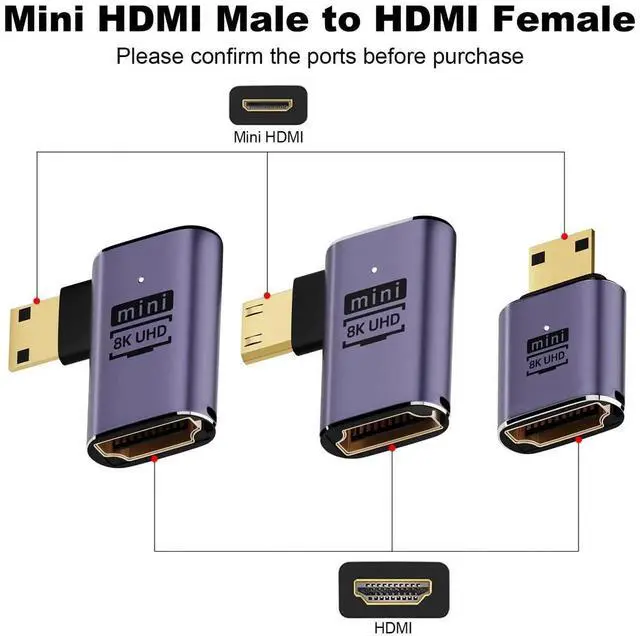 Alt view image 2 of 3 - JAENFONG  8K Mini HDMI to HDMI Adapter (3 Pack), 90 Degree Left and Right Angle Mini HDMI Male to HDMI Female Cable for Raspberry Pi Zero, DSLR Camera, Camcorder, HDTV, Projector, Laptop and Tablet
