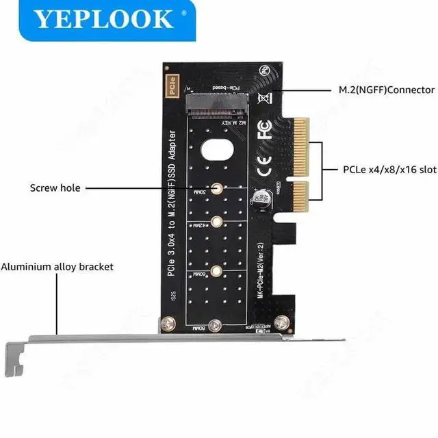Alt view image 2 of 4 - PCIe 3.0 to M.2 NGFF SSD Adapter for PCIe NVME/AHCI SSD M Key Support X16 X8 X4 22*80 22*60 22*42 22*30 with Low Profile Bracket